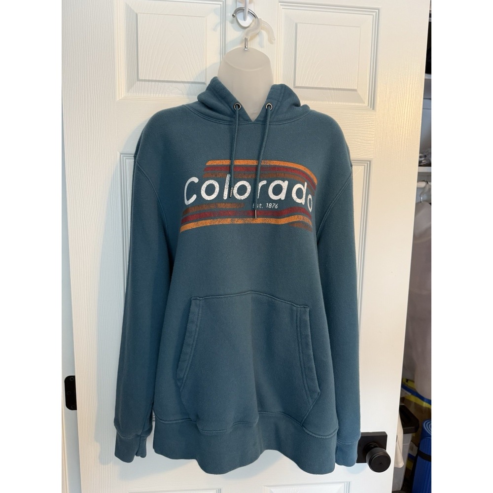 Vintage Y2K State Of Mine Colorado Mens Teal Graphic Hoodie Sweatshirt Size L - Picture 4 of 12